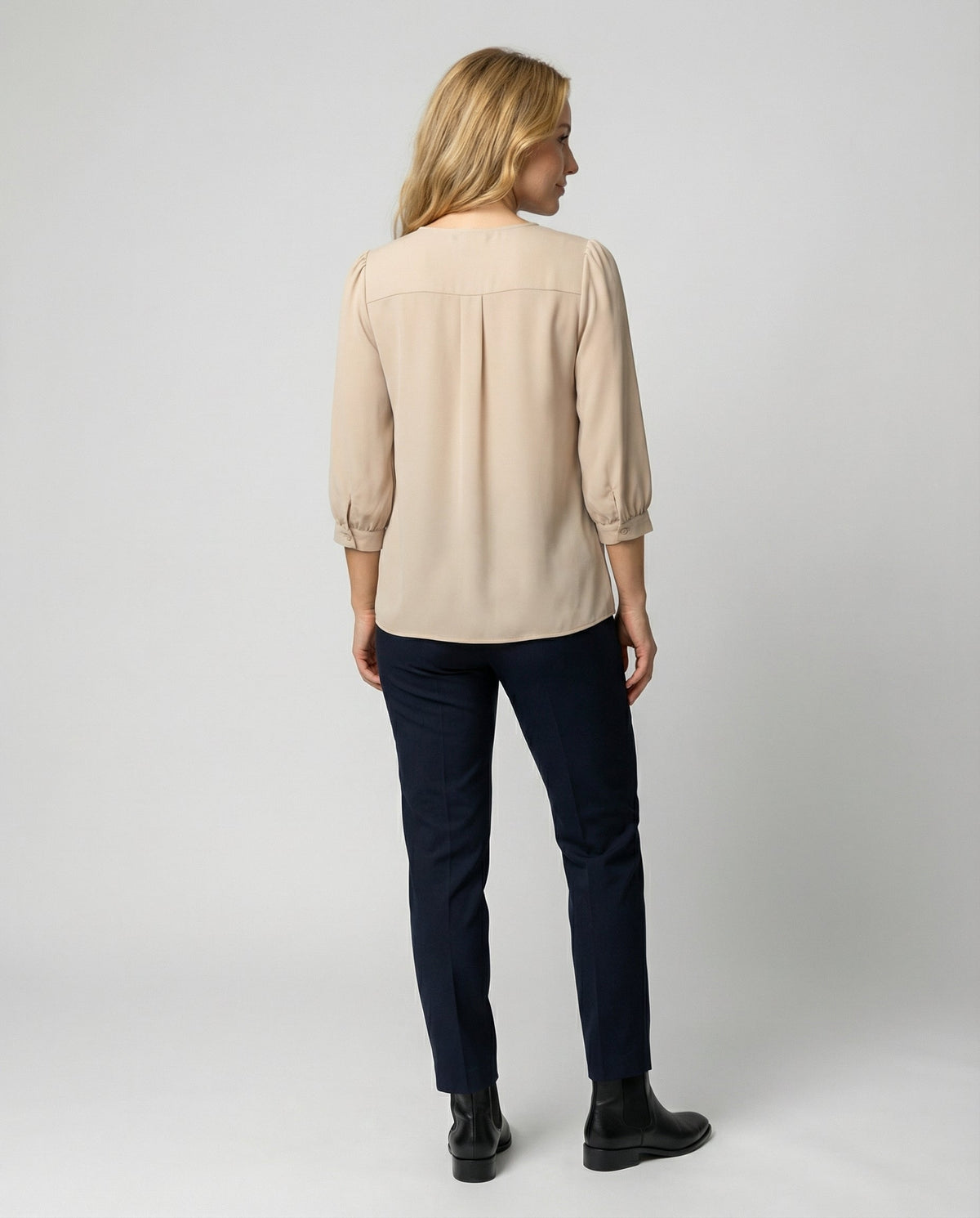 Classic Blouse with Gathered Neckline and Three Quarter Sleeves