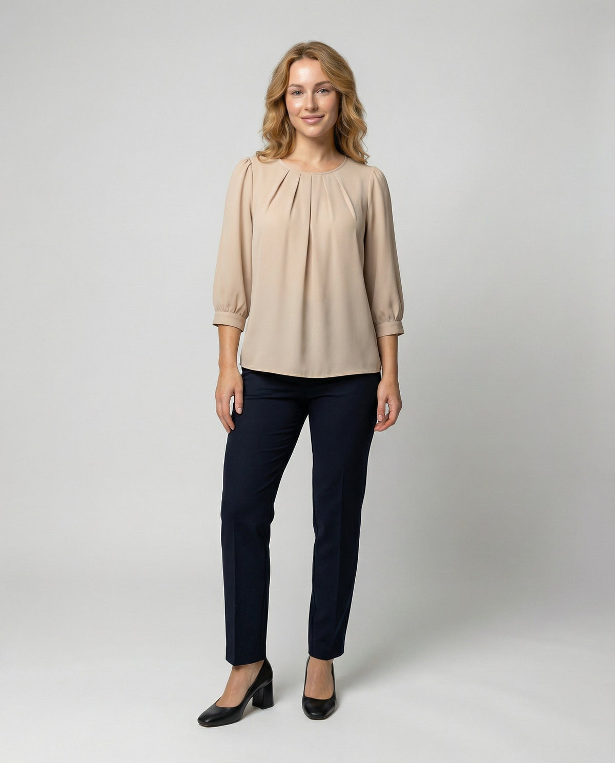 Classic Blouse with Gathered Neckline and Three Quarter Sleeves