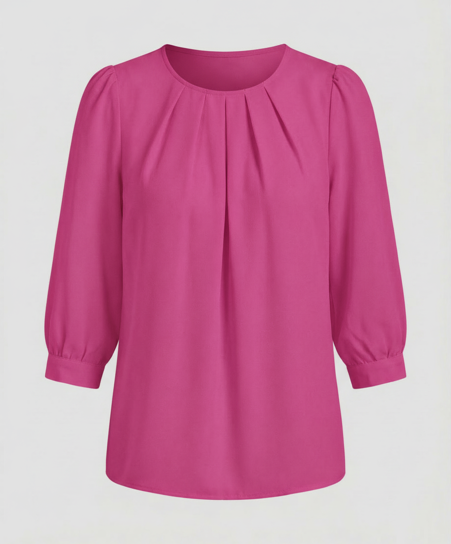 Classic Blouse with Gathered Neckline and Three Quarter Sleeves