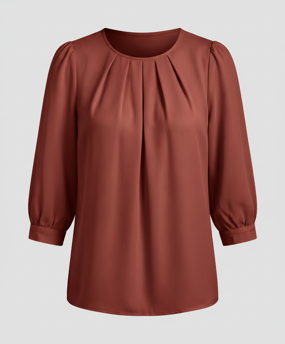 Classic Blouse with Gathered Neckline and Three Quarter Sleeves
