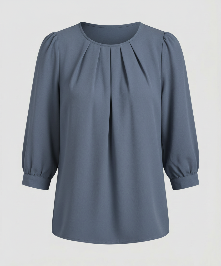 Classic Blouse with Gathered Neckline and Three Quarter Sleeves