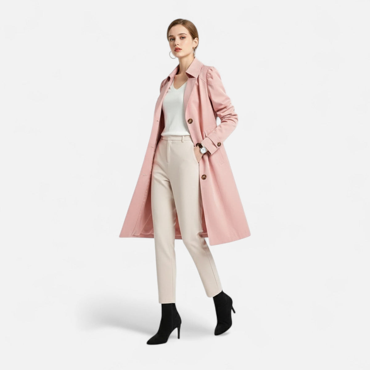 Classic Trench Coat with Lapel Collar and Button Front