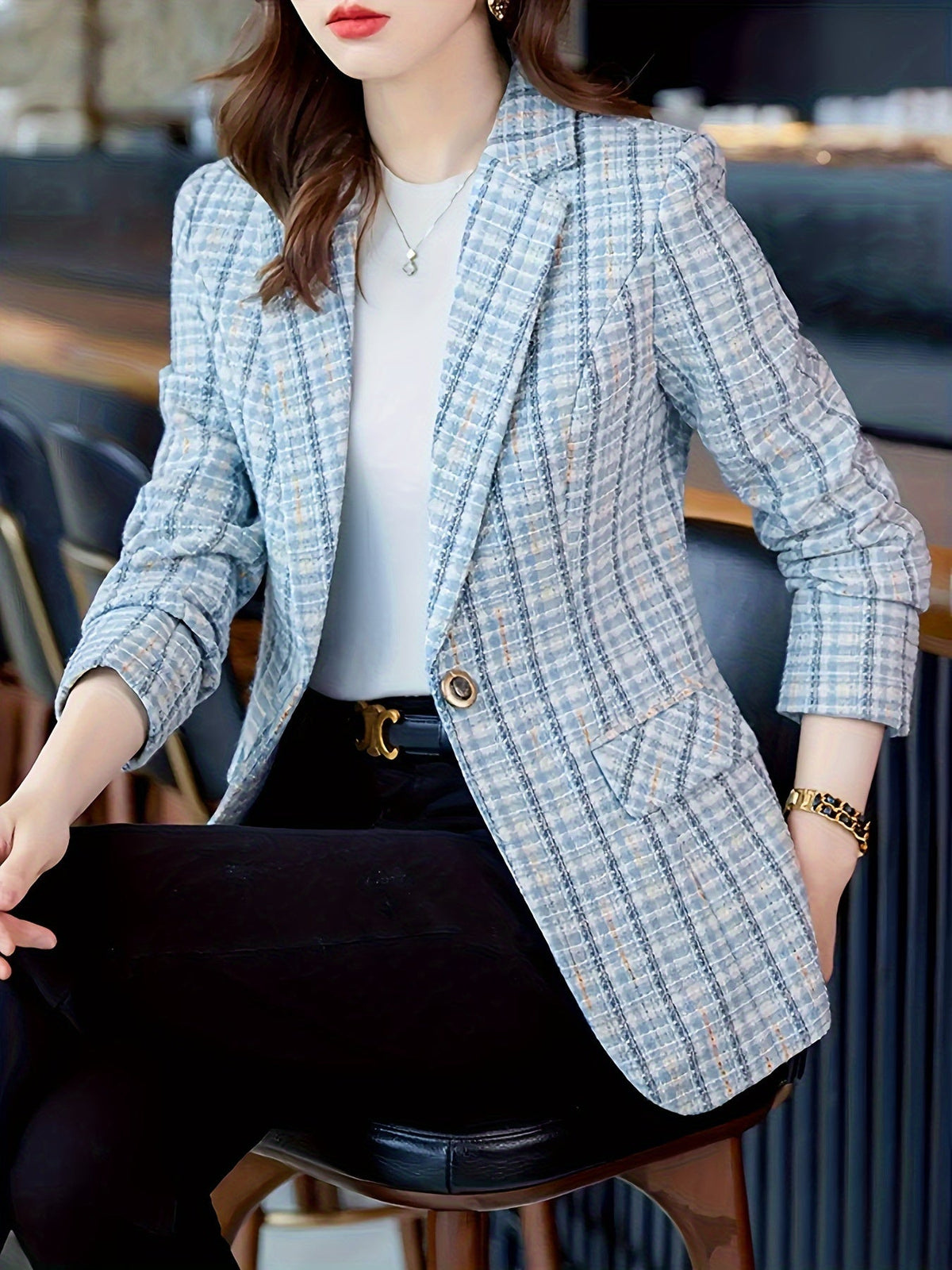Classic Light Blue Tweed Blazer with Check Pattern