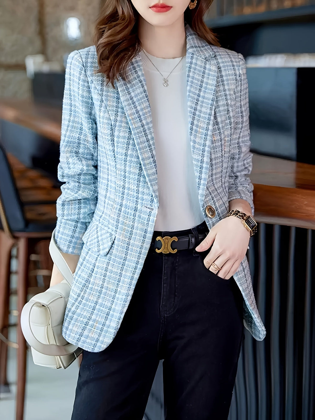 Classic Light Blue Tweed Blazer with Check Pattern