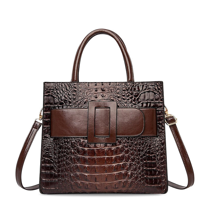 Croc Embossed Leather Handbag with Front Buckle Strap