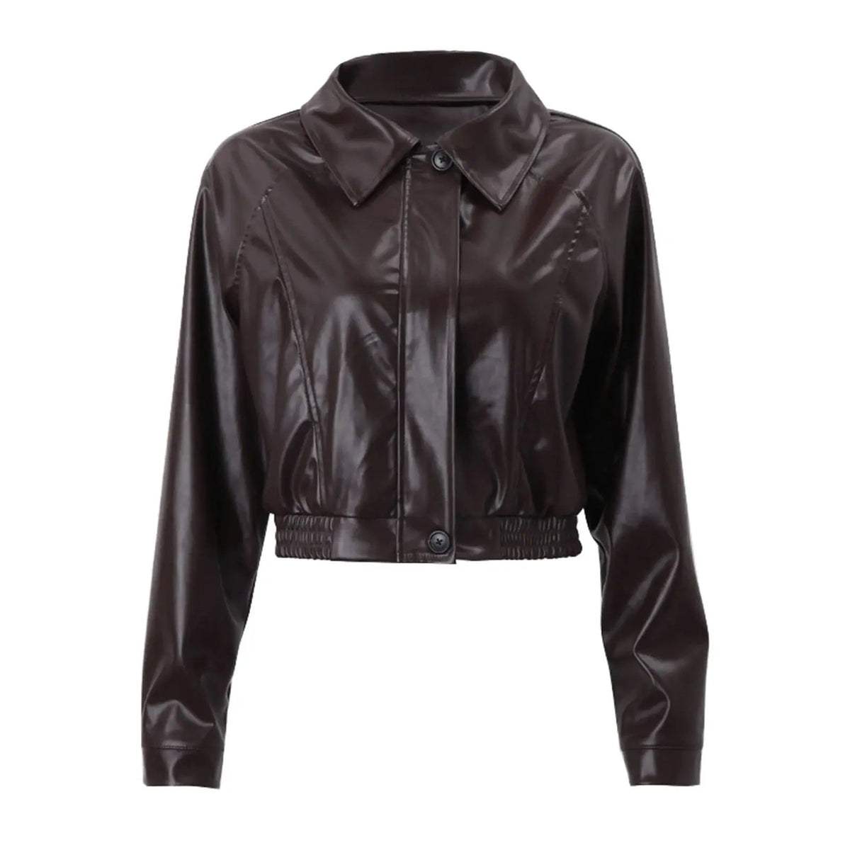 Cropped Brown Leather Jacket with Wide Collar