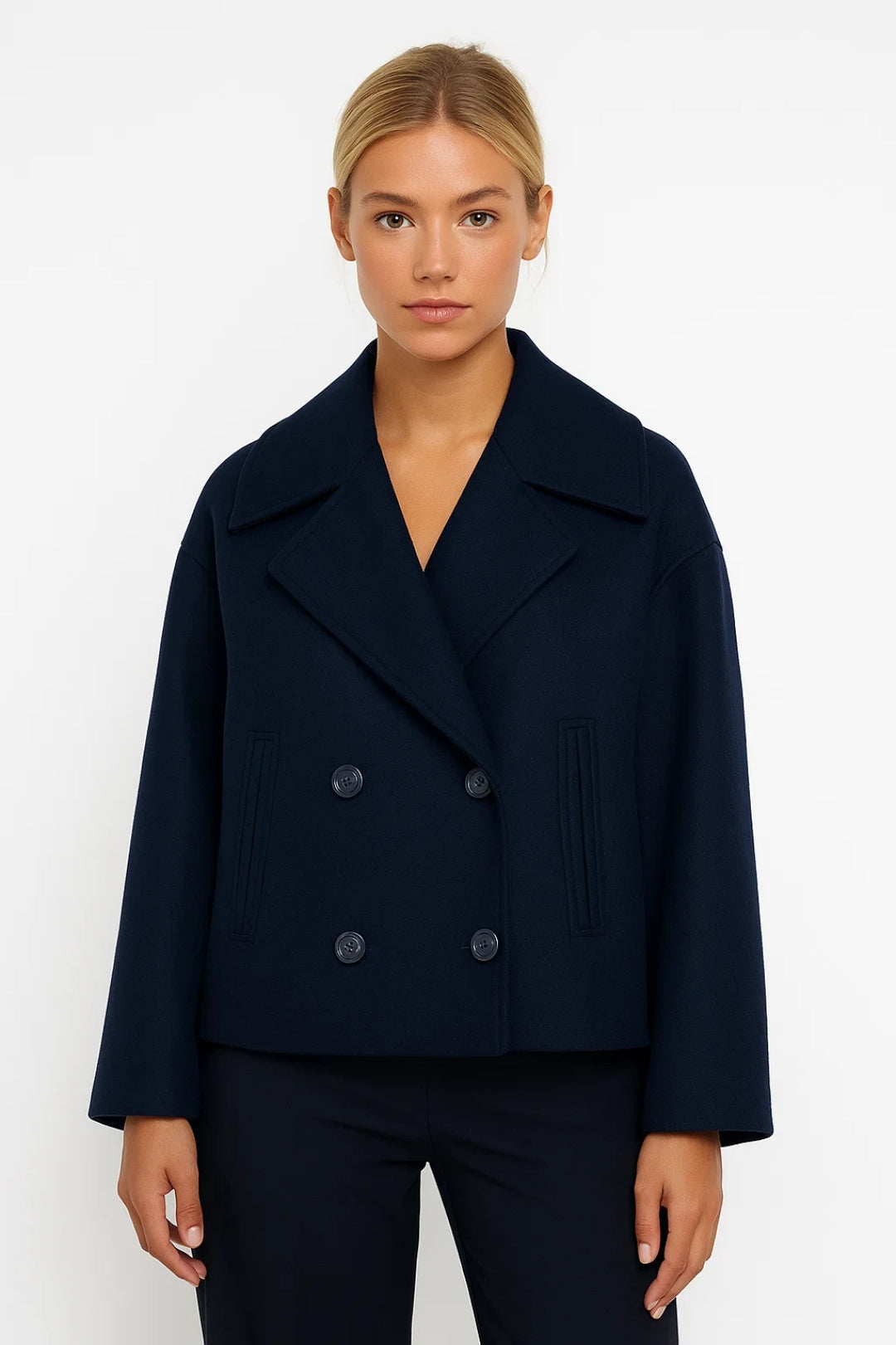 Cropped Double Breasted Wool Pea Coat with Wide Lapels