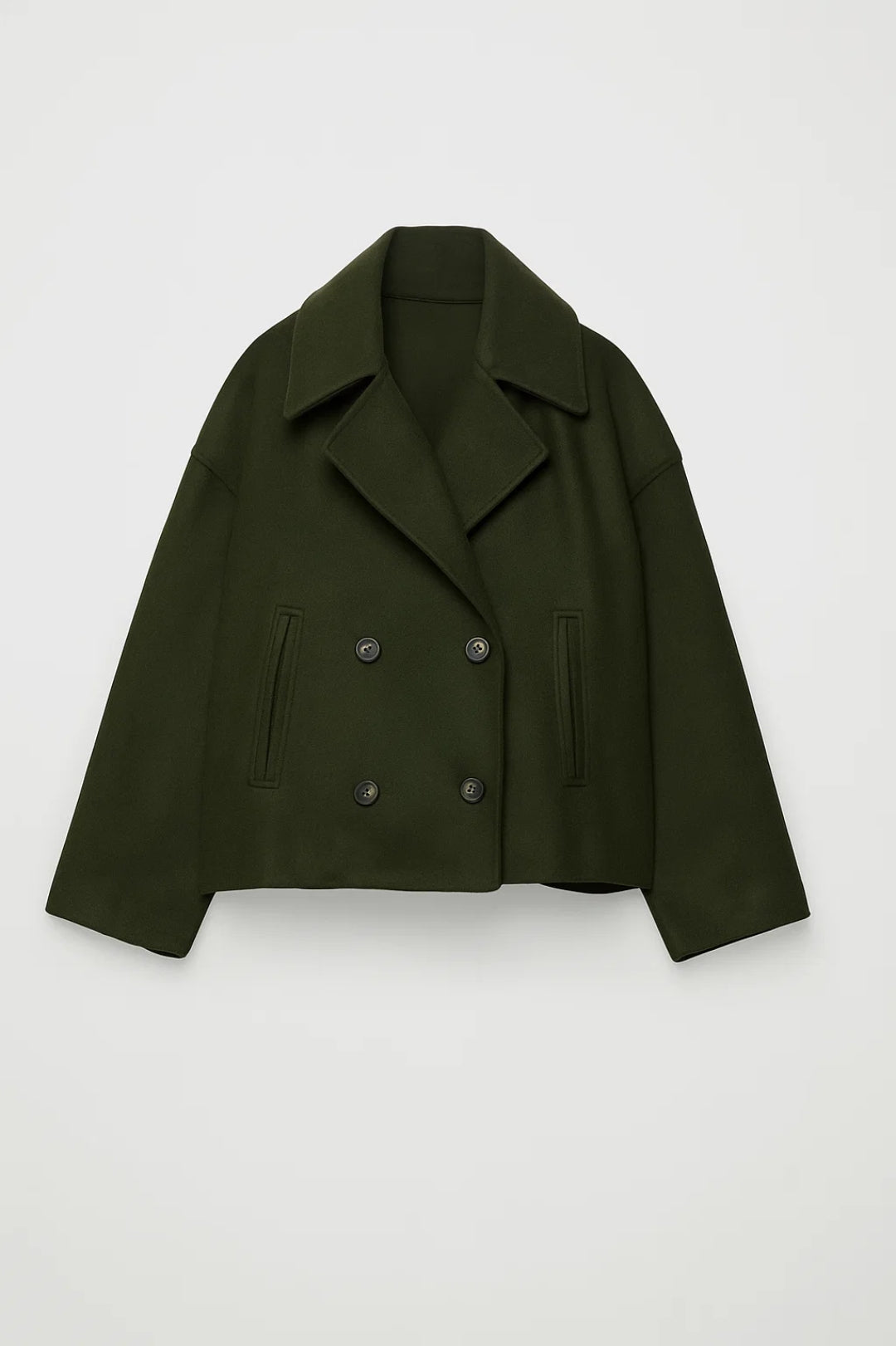 Cropped Double Breasted Wool Pea Coat with Wide Lapels
