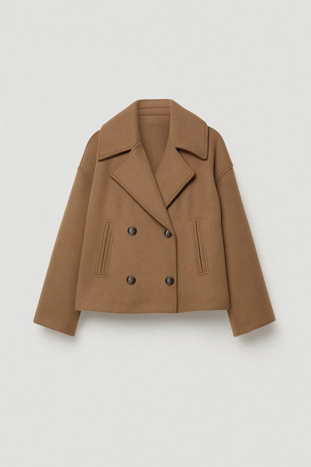 Cropped Double Breasted Wool Pea Coat with Wide Lapels