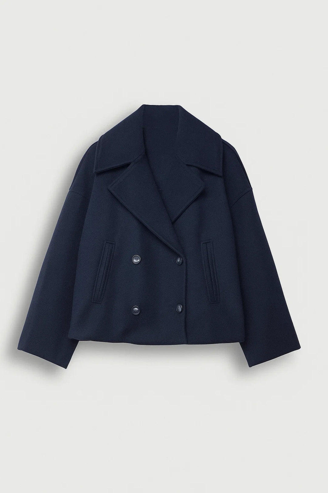 Cropped Double Breasted Wool Pea Coat with Wide Lapels