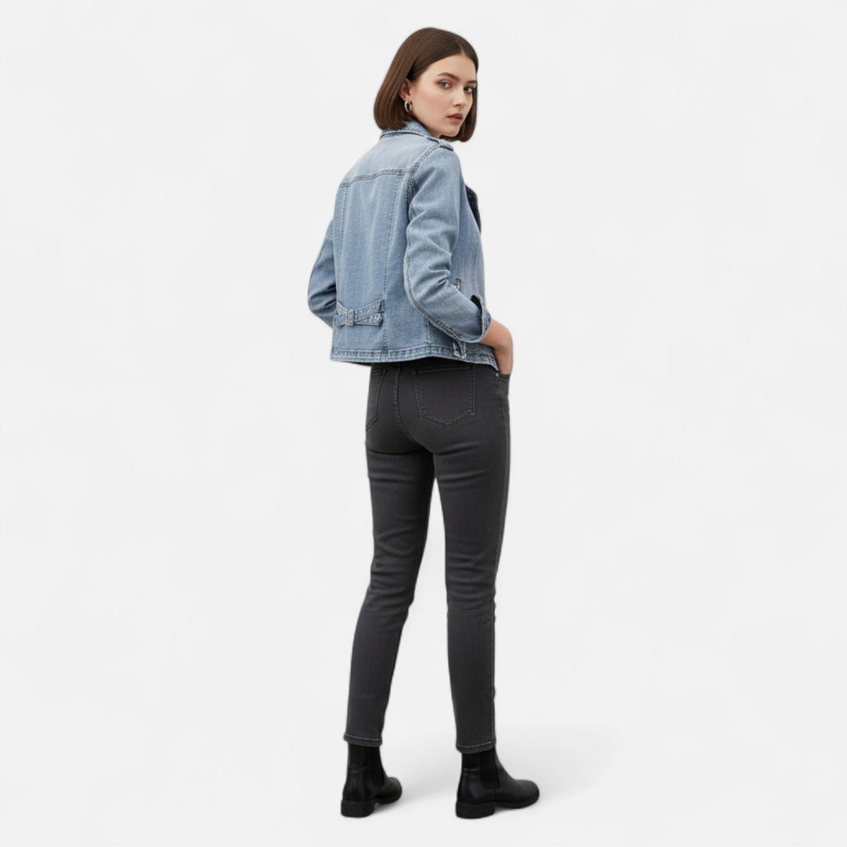 Cropped Light Wash Denim Biker Jacket with Back Belt