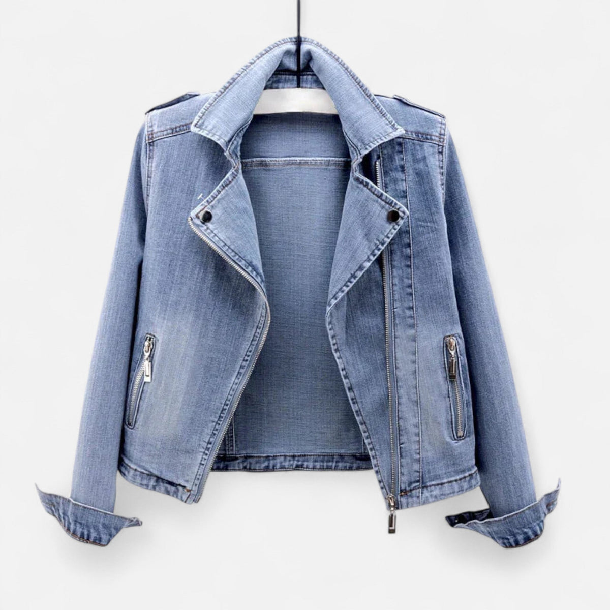 Cropped Light Wash Denim Biker Jacket with Back Belt