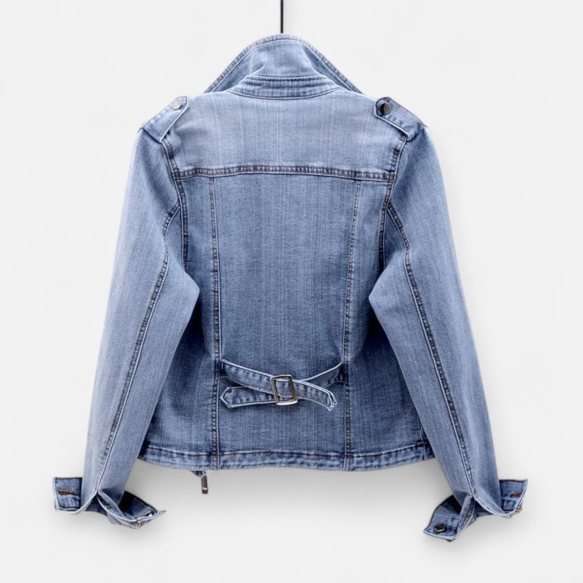 Cropped Light Wash Denim Biker Jacket with Back Belt