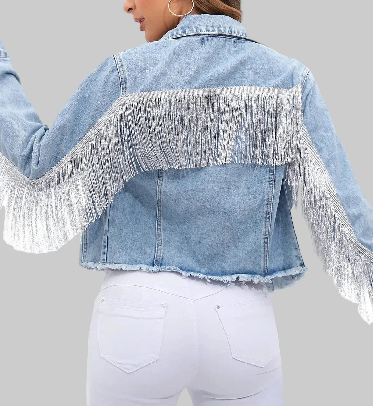Cropped Light Wash Denim Jacket with Silver Fringe Detail