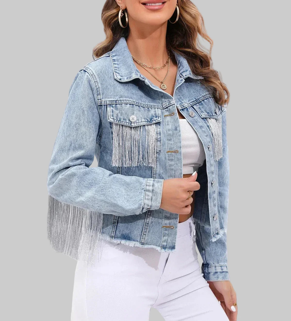 Cropped Light Wash Denim Jacket with Silver Fringe Detail