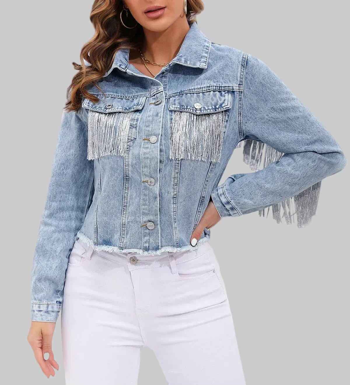 Cropped Light Wash Denim Jacket with Silver Fringe Detail