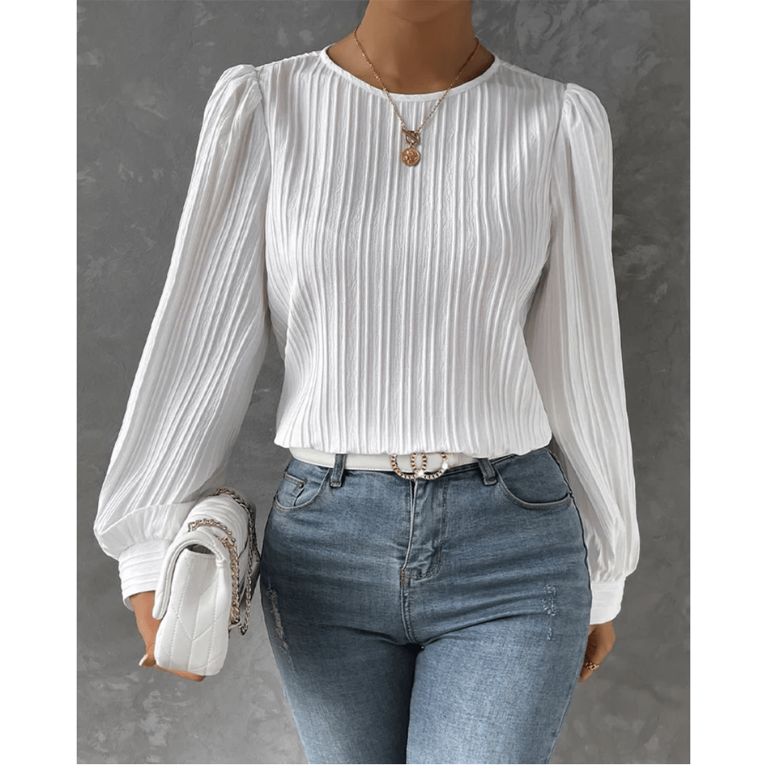 Cropped Pleated Top with Puff Sleeves and Round Neck