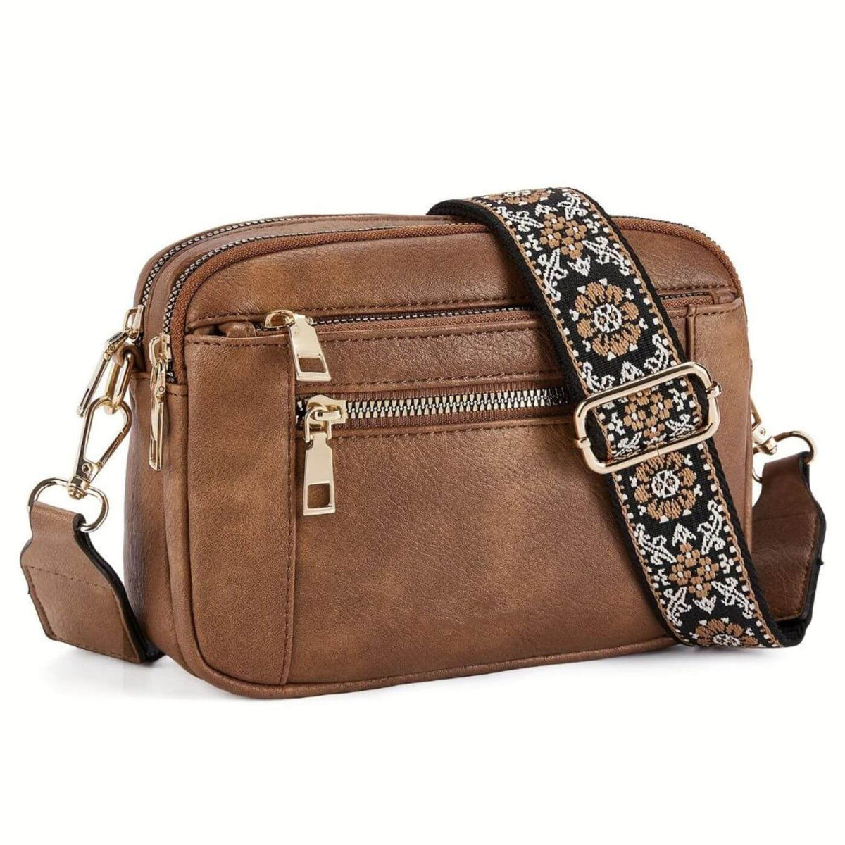 Crossbody Bag with Embroidered Boho Strap and Multi-Zip Pockets