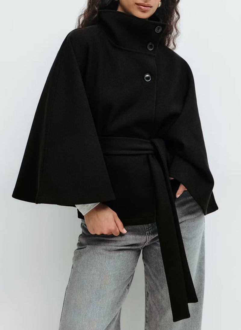 Elegant Belted Cape Coat with Stand Collar and Button Closure