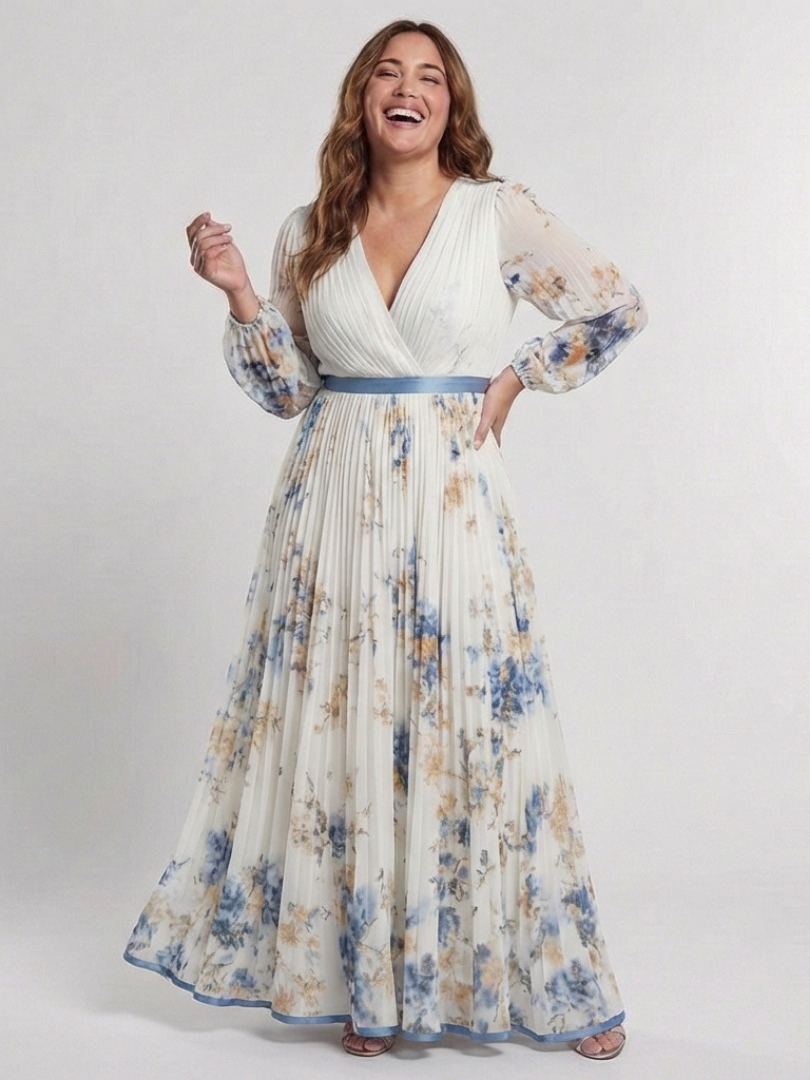Elegant Floral Pleated Maxi Dress with Long Sleeves and Wrap Bodice