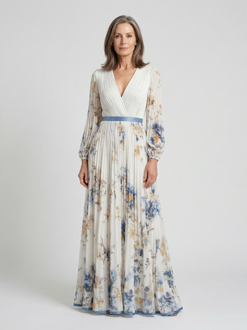 Elegant Floral Pleated Maxi Dress with Long Sleeves and Wrap Bodice