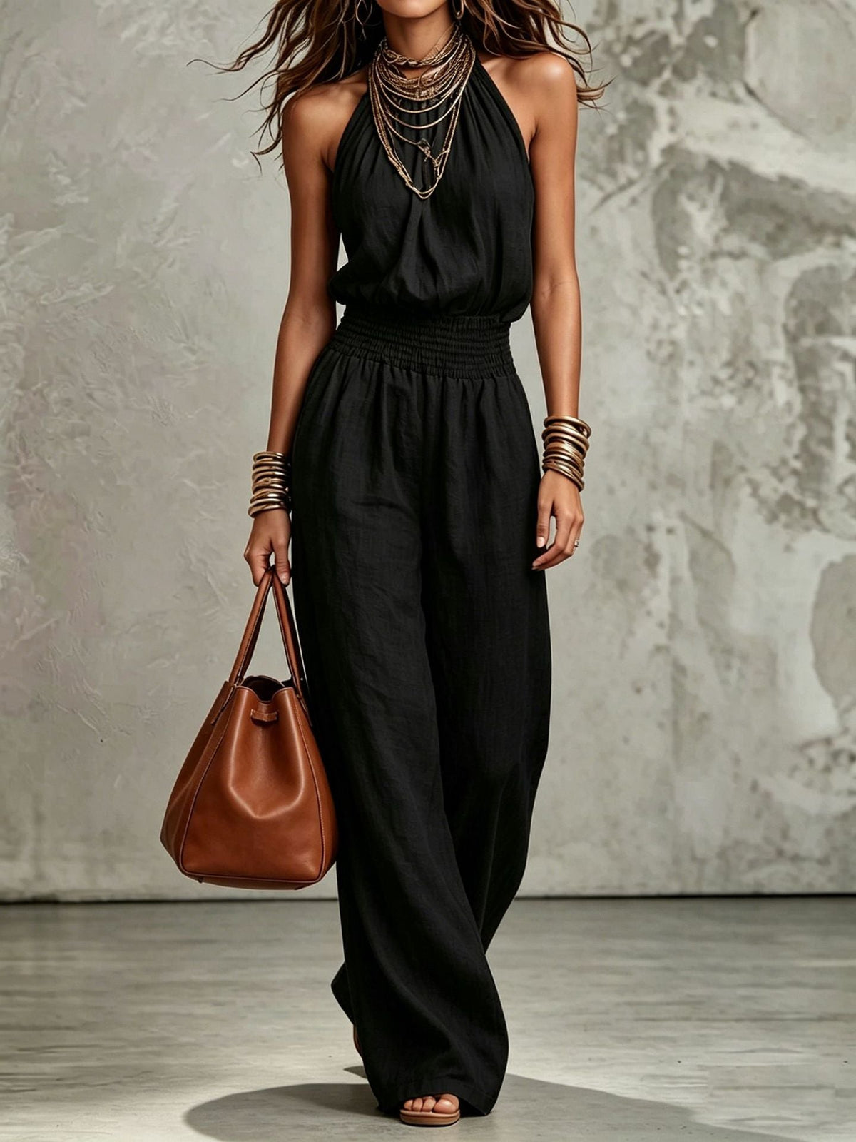 Elegant Halter Neck Linen Jumpsuit with Smocked Waist and Wide Leg