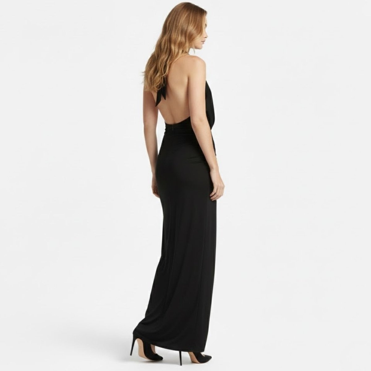Elegant Halter Neck Maxi Dress with Cowl Neck and Side Slit