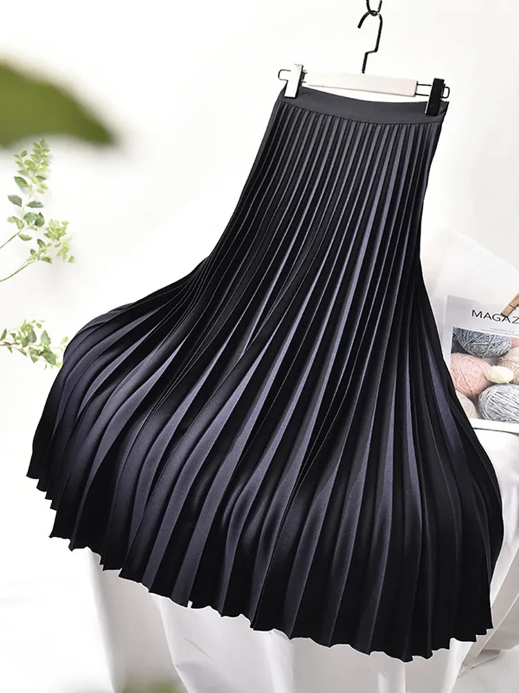 Elegant High Waist Pleated Midi Skirt with Elasticated Waistband