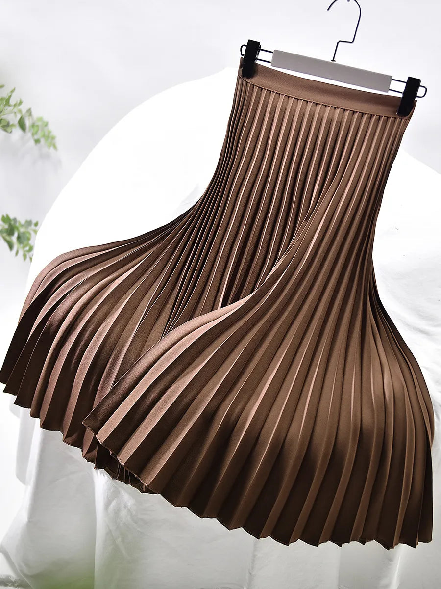 Elegant High Waist Pleated Midi Skirt with Elasticated Waistband