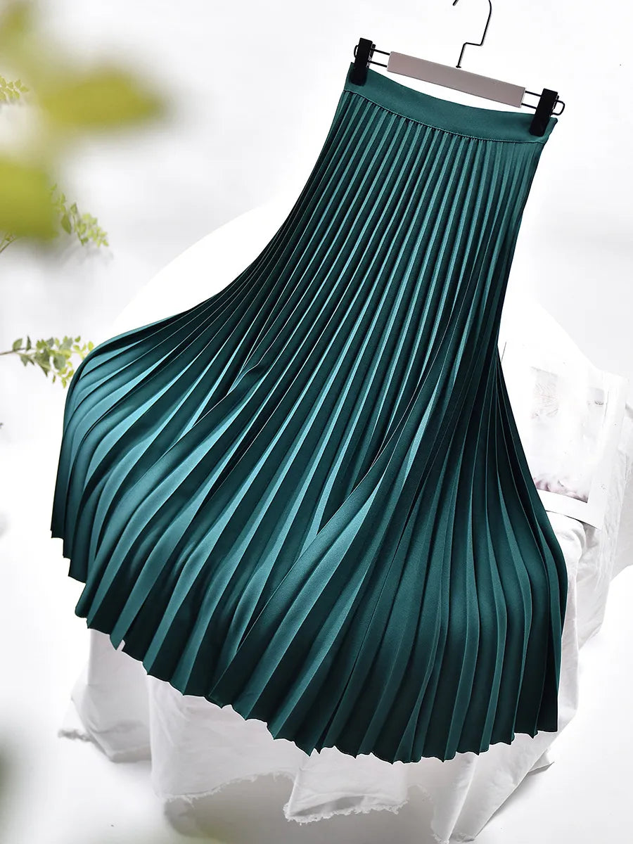 Elegant High Waist Pleated Midi Skirt with Elasticated Waistband