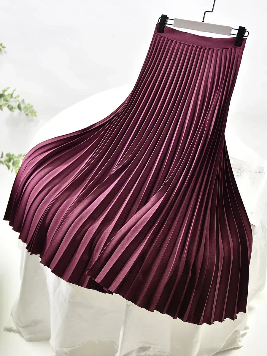 Elegant High Waist Pleated Midi Skirt with Elasticated Waistband