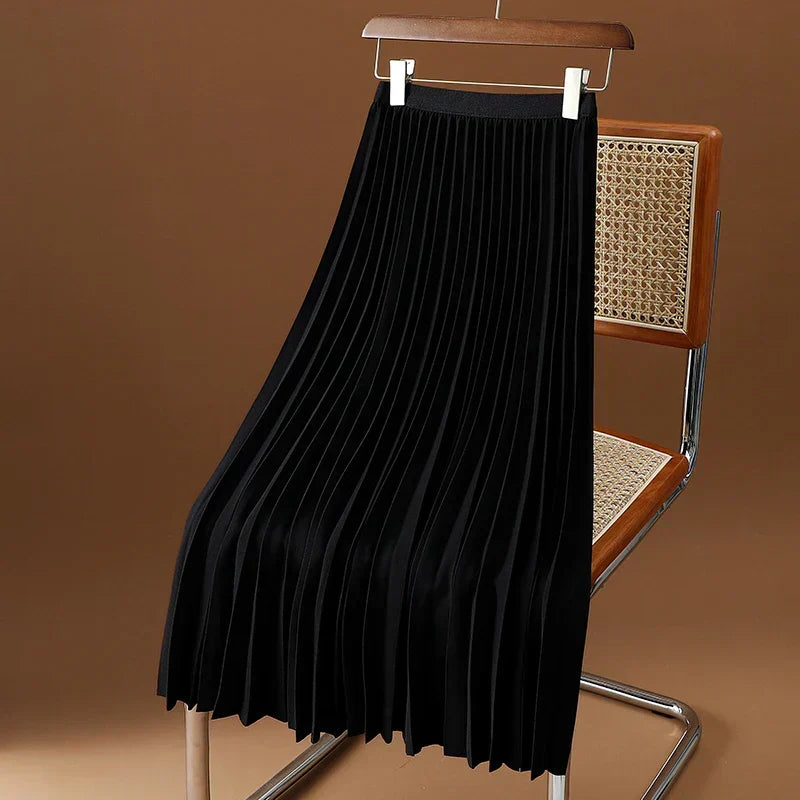 Elegant High Waist Pleated Midi Skirt with Elasticated Waistband