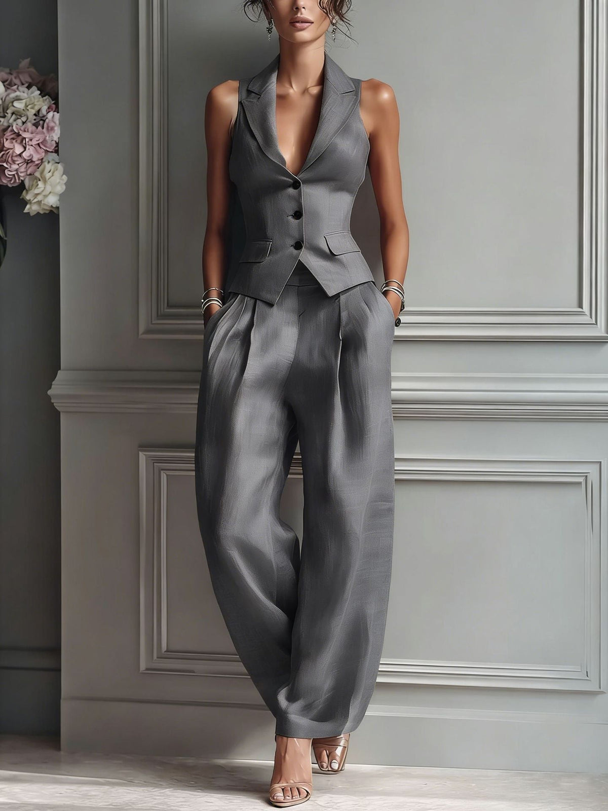 Elegant Linen Waistcoat and Wide Leg Trouser Two Piece Set