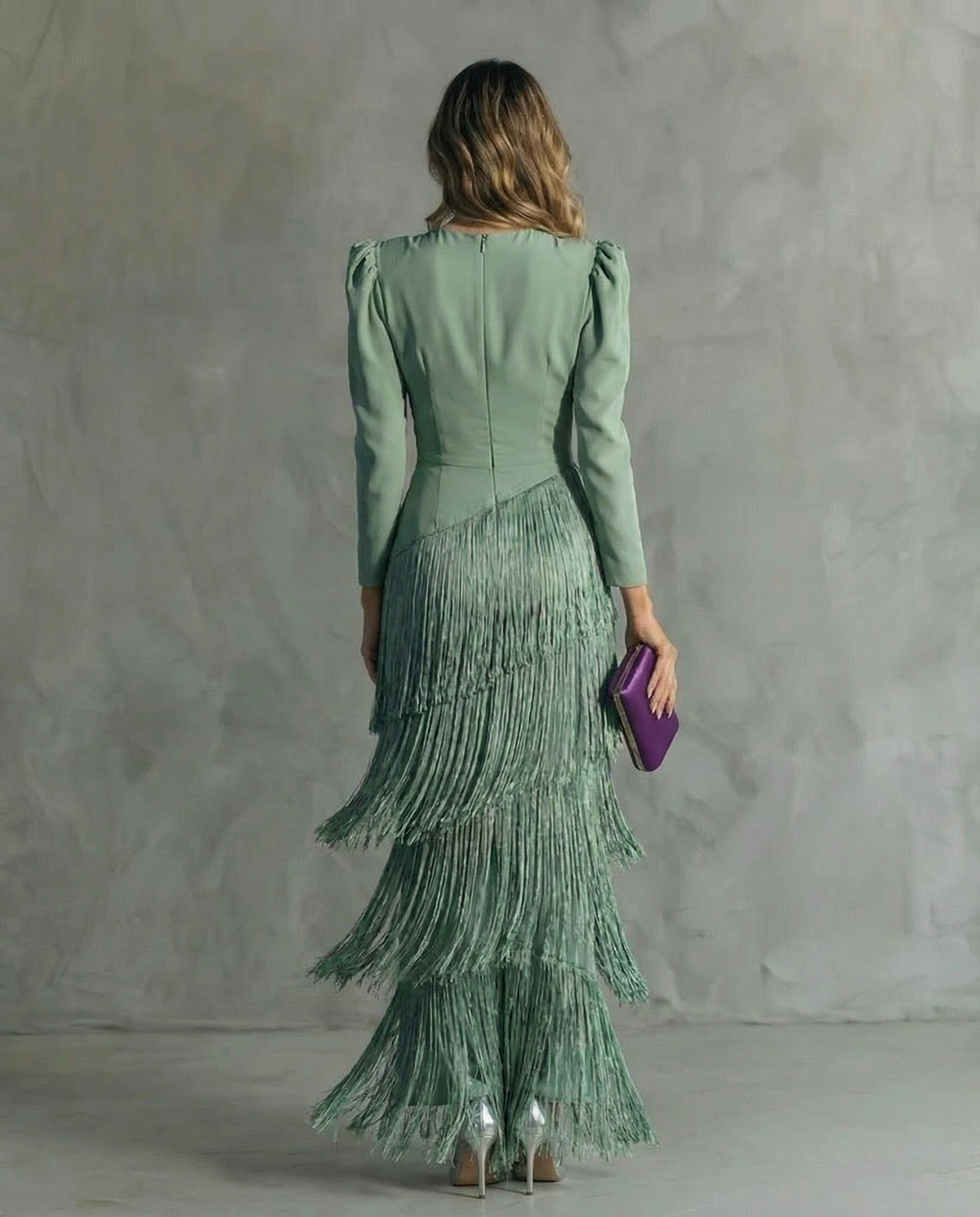 Elegant Long Sleeve Maxi Dress with Tiered Fringe Skirt and Deep V-Neckline