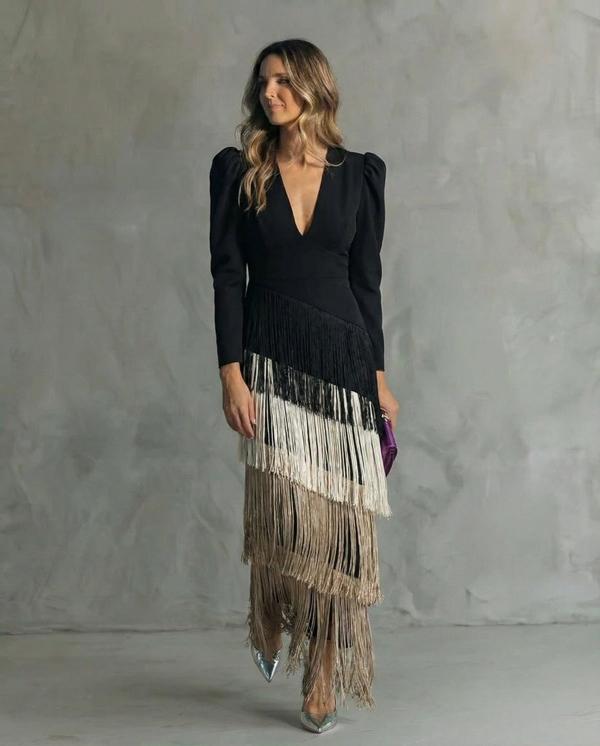 Elegant Long Sleeve Maxi Dress with Tiered Fringe Skirt and Deep V-Neckline