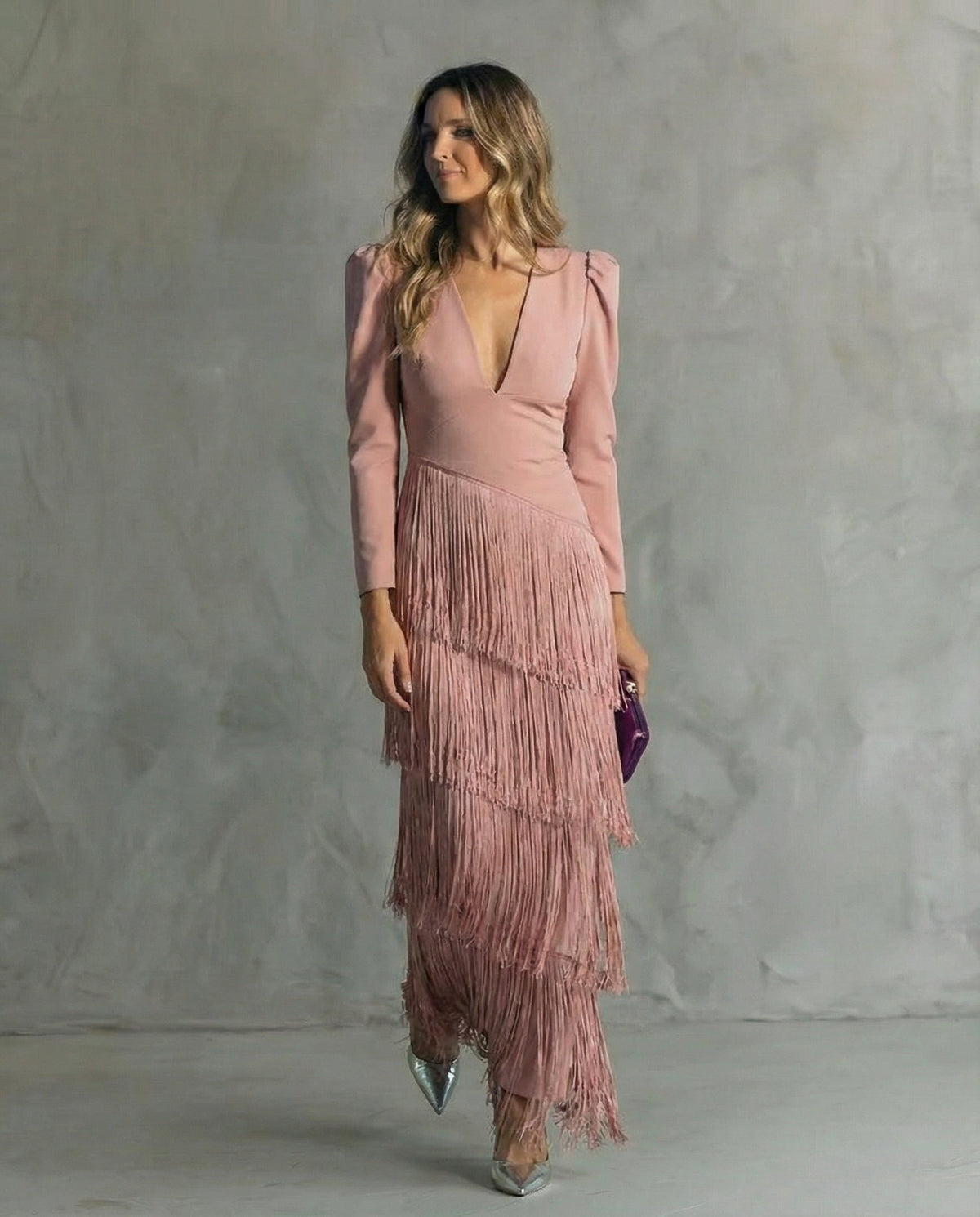 Elegant Long Sleeve Maxi Dress with Tiered Fringe Skirt and Deep V-Neckline