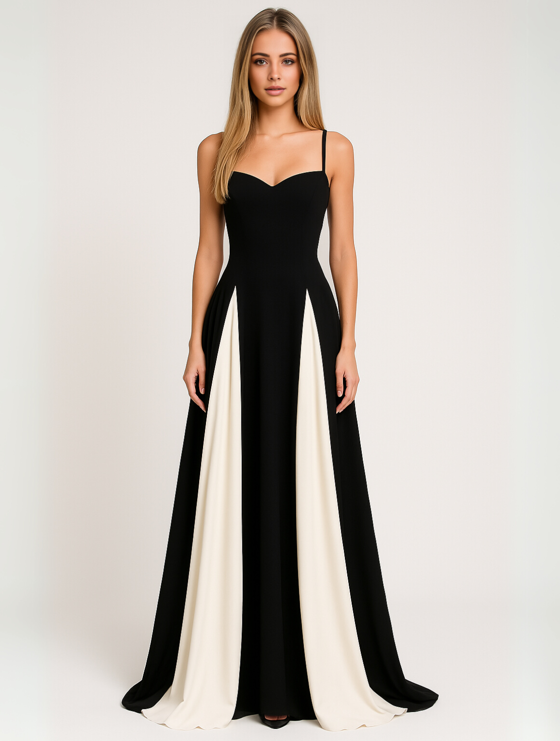 Elegant Maxi Dress with Colour Block Skirt and Thin Straps