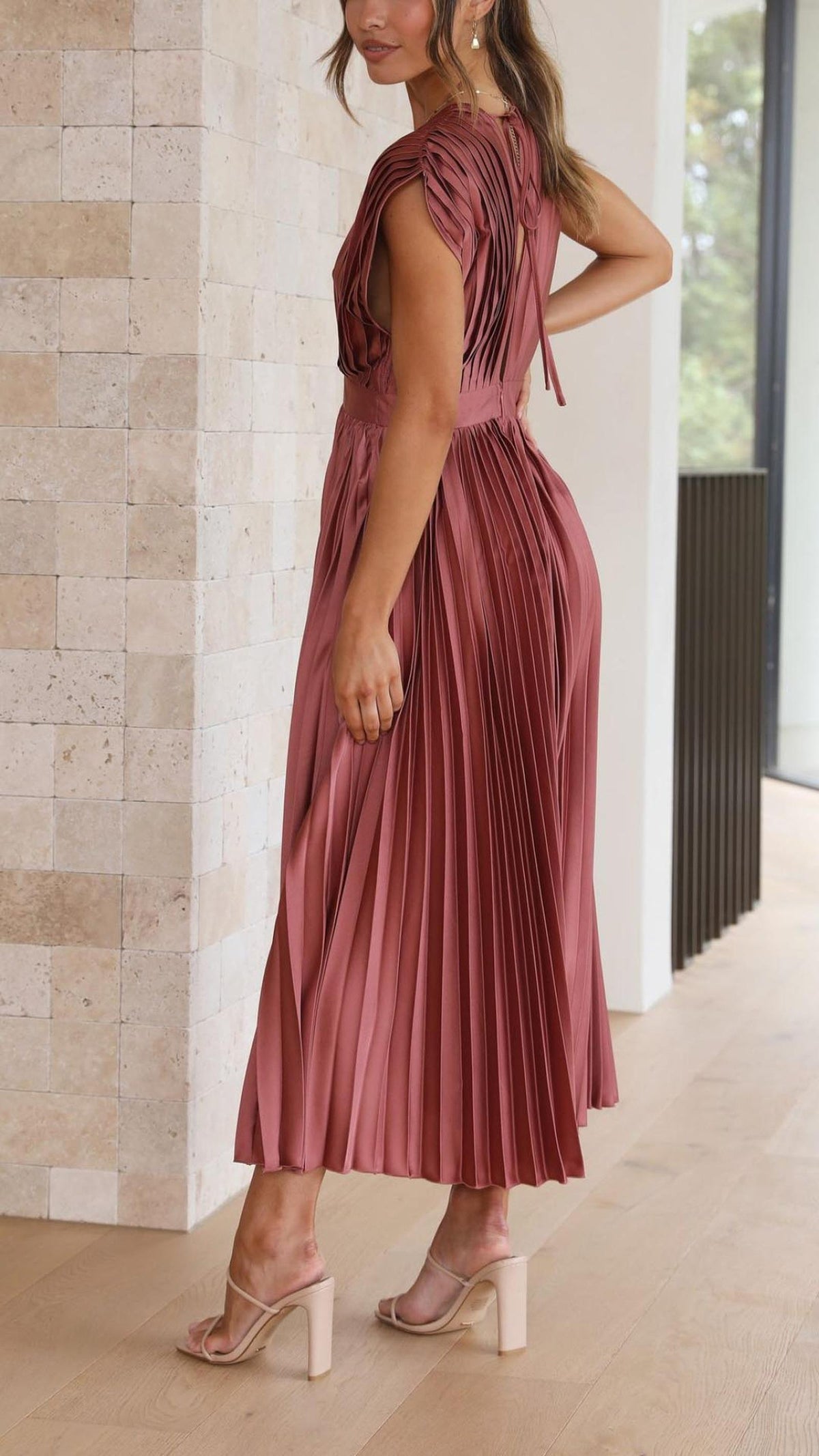 Elegant Pleated Midi Dress with Deep V-Neckline and Satin Finish