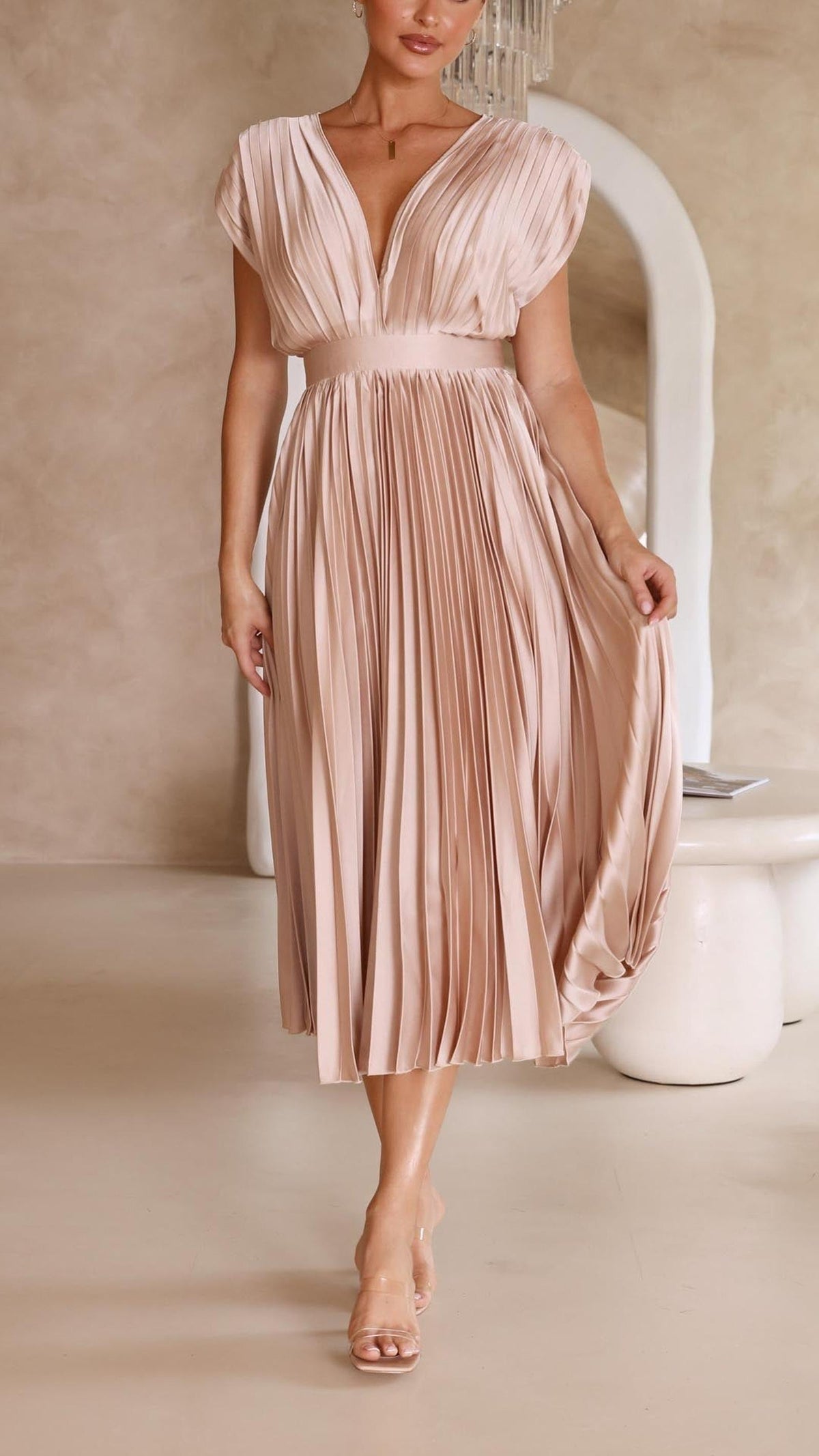 Elegant Pleated Midi Dress with Deep V-Neckline and Satin Finish