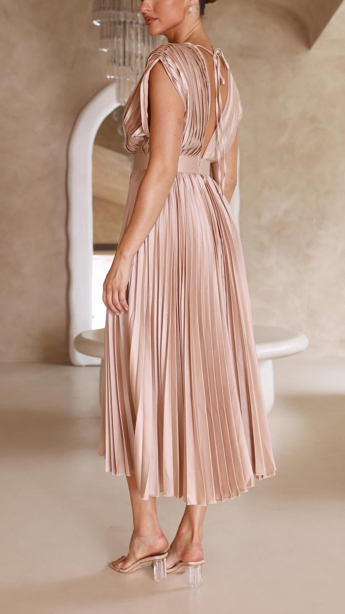 Elegant Pleated Midi Dress with Deep V-Neckline and Satin Finish