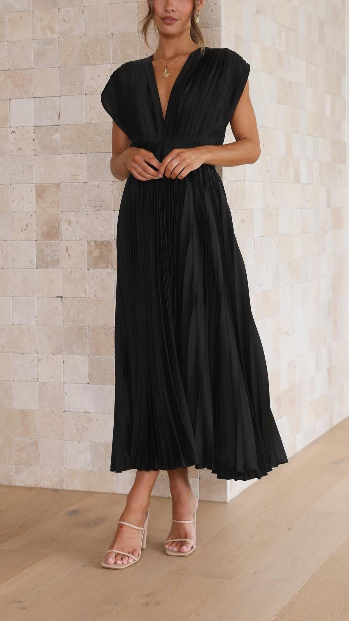 Elegant Pleated Midi Dress with Deep V-Neckline and Satin Finish