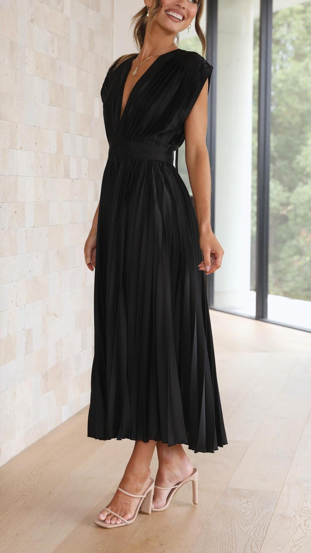 Elegant Pleated Midi Dress with Deep V-Neckline and Satin Finish