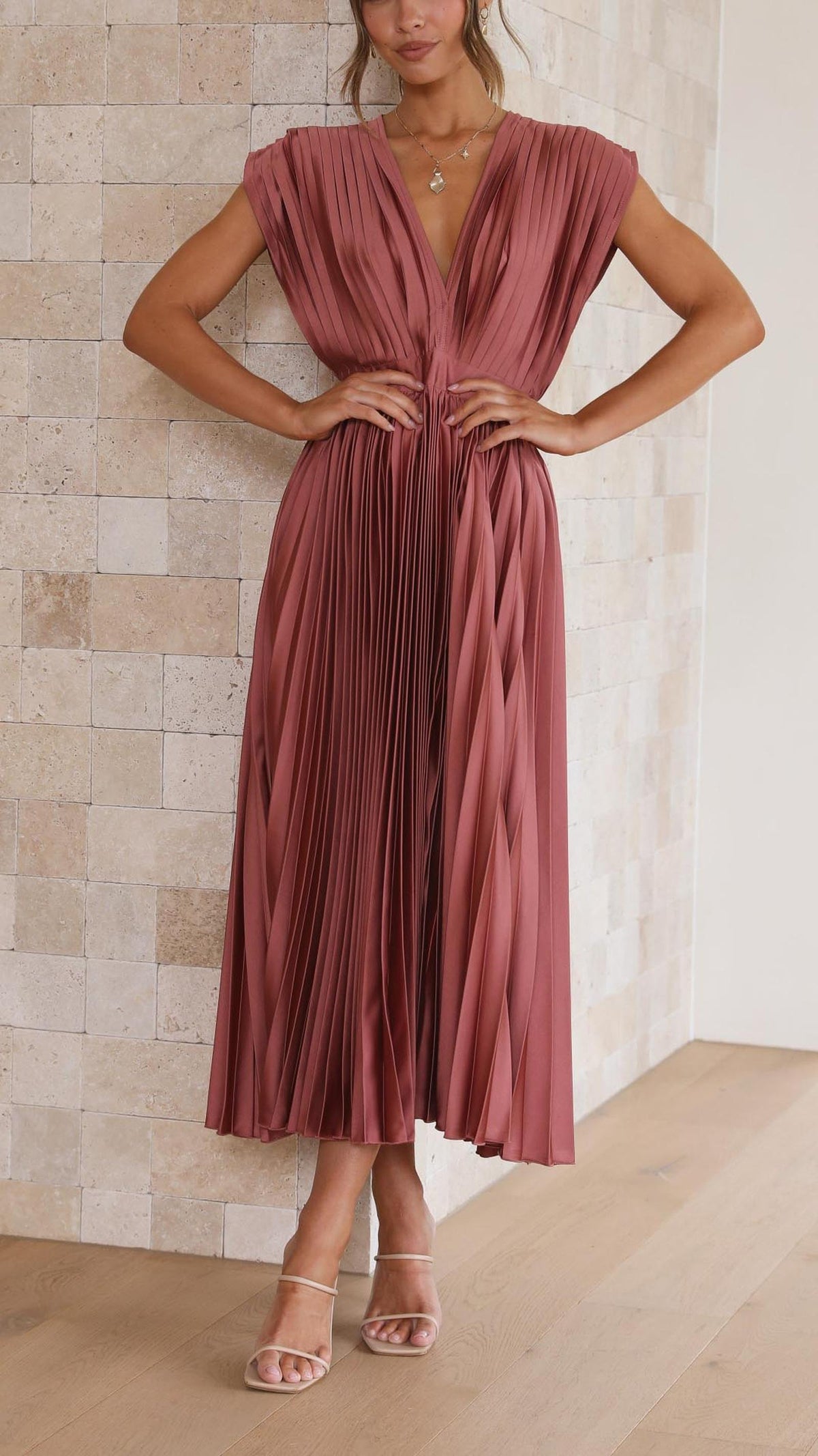 Elegant Pleated Midi Dress with Deep V-Neckline and Satin Finish