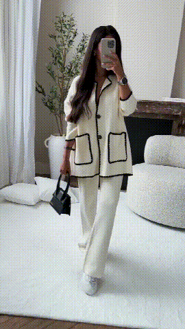 Elegant Two Piece Set with Contrast Trim Jacket and Wide Leg Trousers