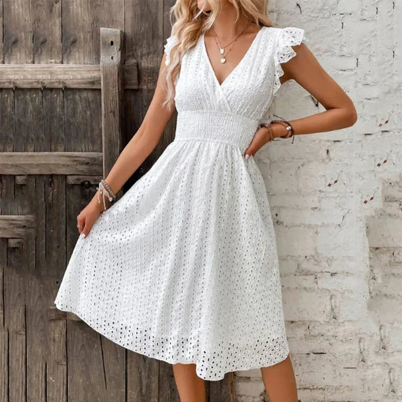 Elegant White Broderie Anglaise Midi Dress with Smocked Waist and Ruffle Sleeves
