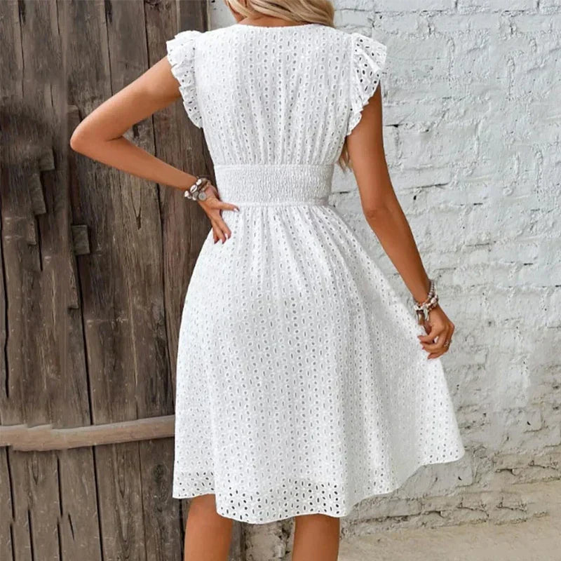 Elegant White Broderie Anglaise Midi Dress with Smocked Waist and Ruffle Sleeves