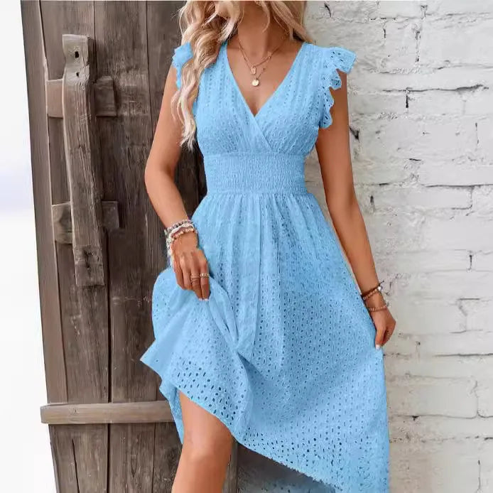 Elegant White Broderie Anglaise Midi Dress with Smocked Waist and Ruffle Sleeves
