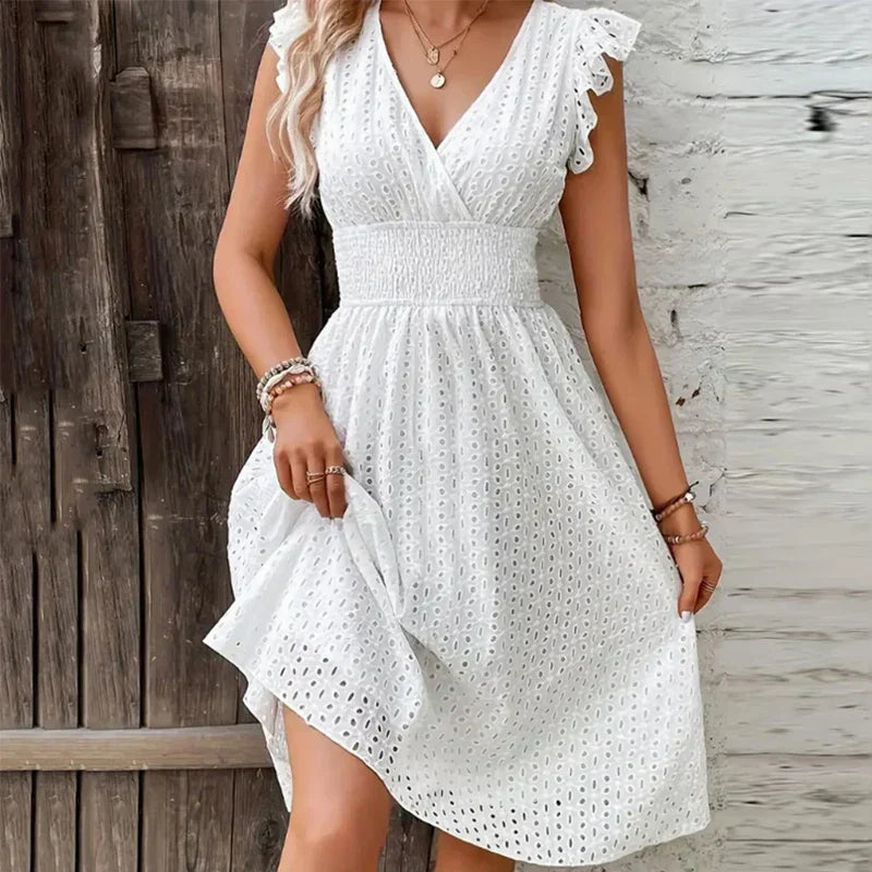 Elegant White Broderie Anglaise Midi Dress with Smocked Waist and Ruffle Sleeves