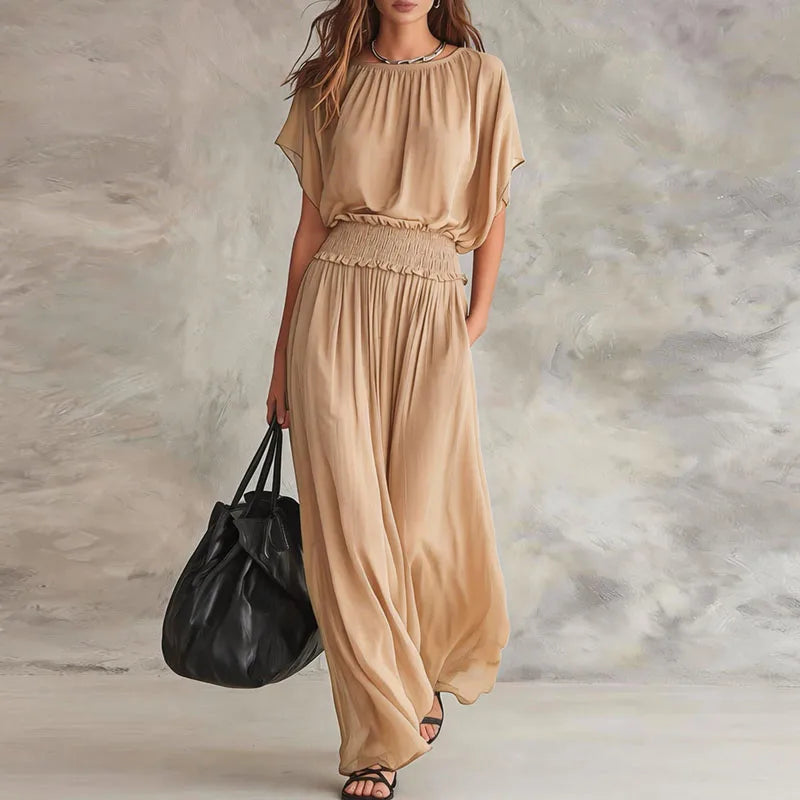 Elegant Wide Leg Maxi Dress with Smocked Waist and Batwing Sleeves