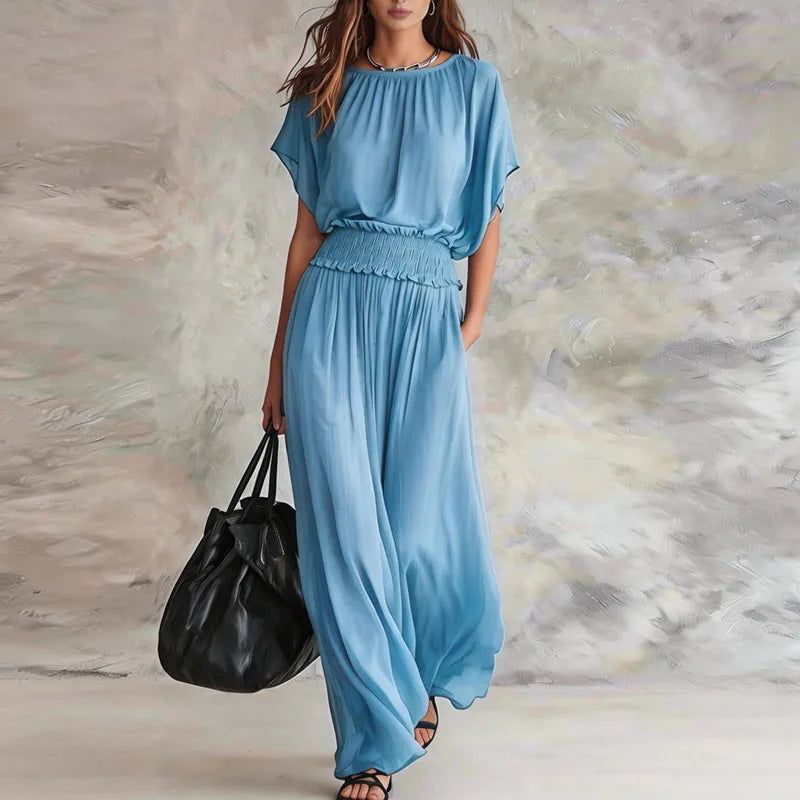 Elegant Wide Leg Maxi Dress with Smocked Waist and Batwing Sleeves